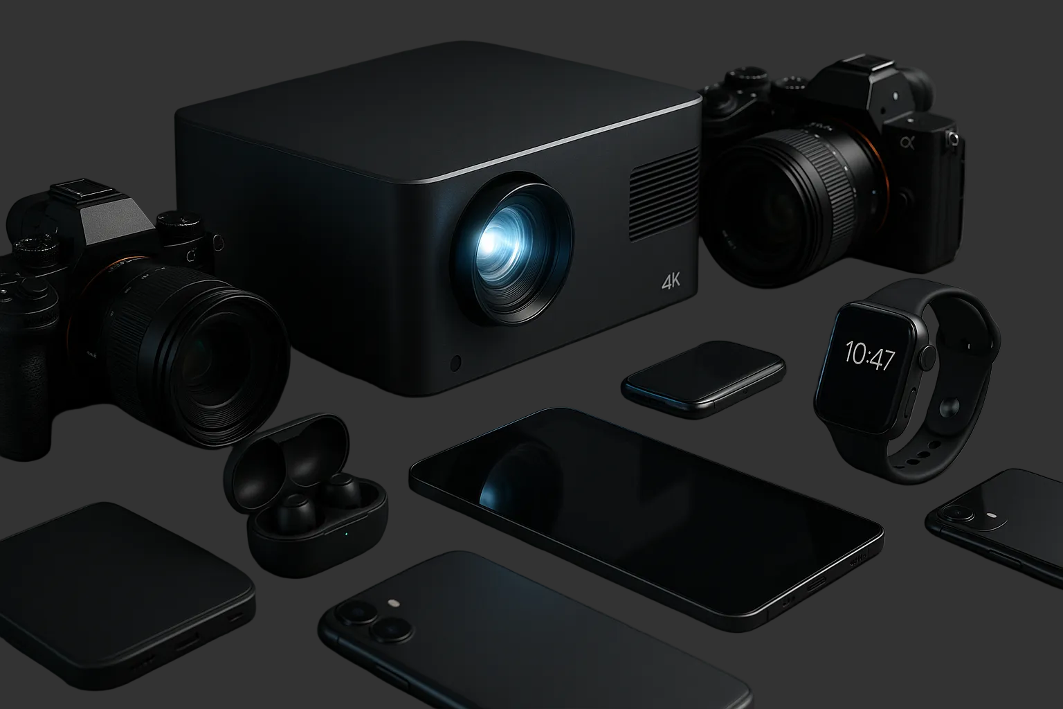 A picture with modern gadgets like a projectors, modern cameras, and other techs